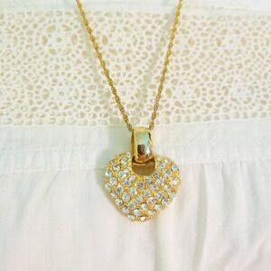 Vintage Pave Crystal Puffy Heart Pendant Necklace 80s 90s Statement Piece 36"